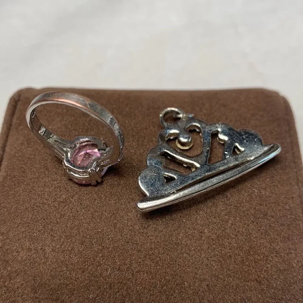 Pretty Princess Crown Necklace Charm and Pink & Silver Ring Combo